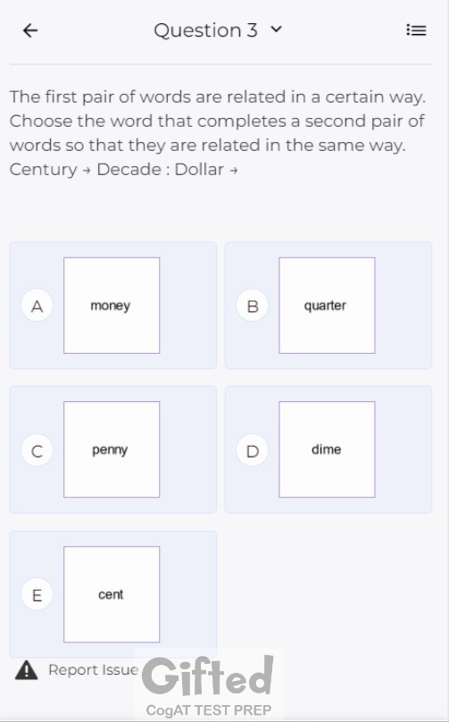 CoGAT Test verbal reasoning questions for higher learning
