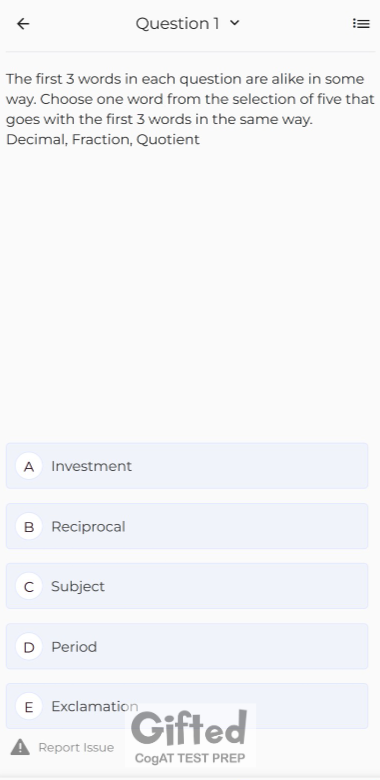 Grade 8 CogAT verbal classification sample question