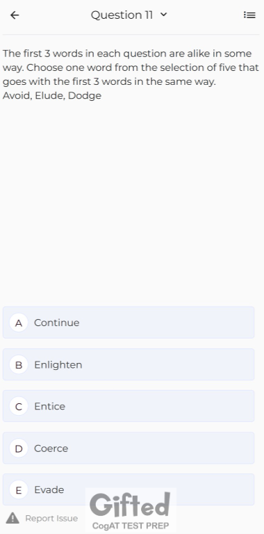 CogAT grade 8 practice test screenshot