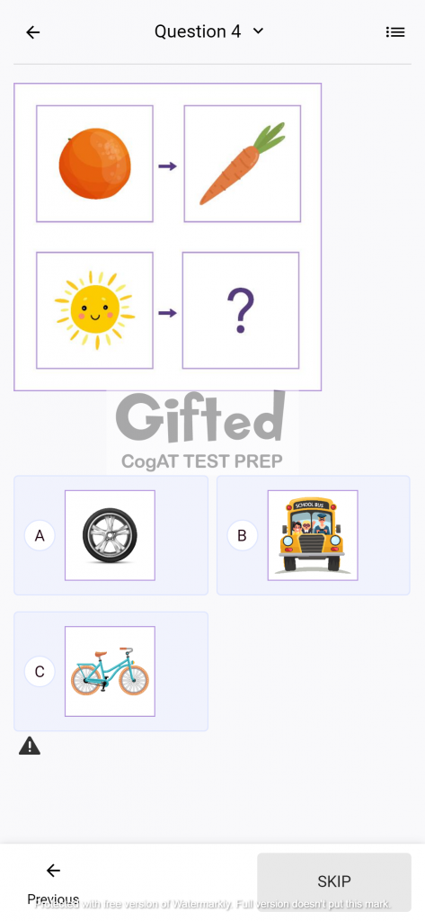 Picture Analogies: CogAT Grade 1 Verbal Battery Questions 